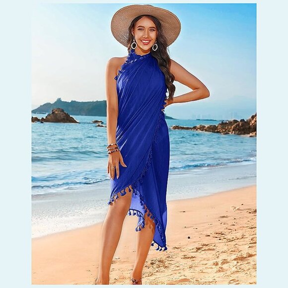 BEACH Sarong Pareo Womens Semi-Sheer Swimwear Cover Ups 19-royalblue-long - Picture 4 of 6